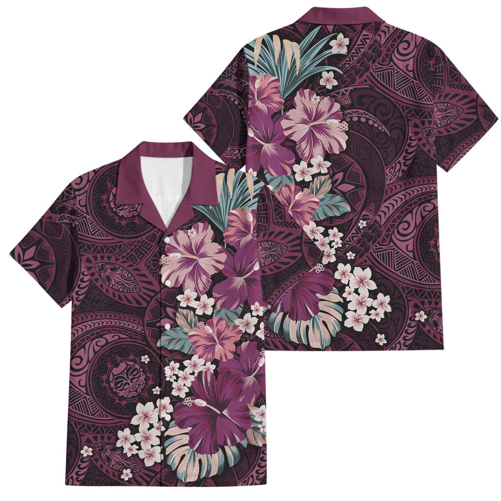 Poni Mama Hawai'i Hibiscus Family Matching Short Sleeve Bodycon Dress and Hawaiian Shirt Polynesian Tribal Tattoo Pattern Floral Elements