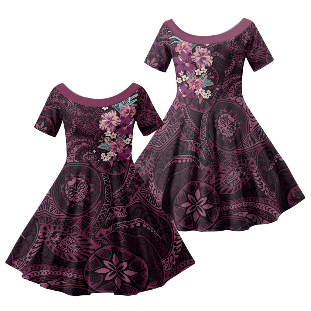 Poni Mama Hawai'i Hibiscus Family Matching Short Sleeve Bodycon Dress and Hawaiian Shirt Polynesian Tribal Tattoo Pattern Floral Elements