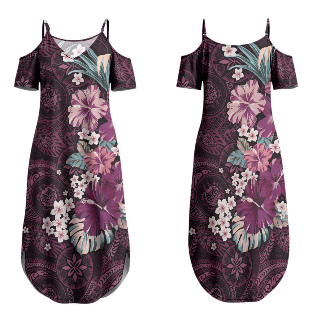 Poni Mama Hawai'i Hibiscus Family Matching Summer Maxi Dress and Hawaiian Shirt Polynesian Tribal Tattoo Pattern Floral Elements