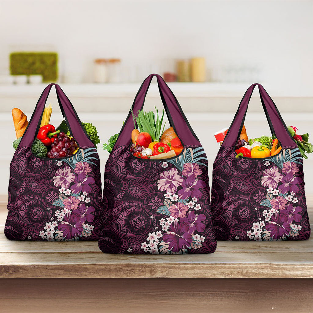 Poni Mama Hawai'i Hibiscus Grocery Bag Polynesian Tribal Tattoo Pattern Floral Elements