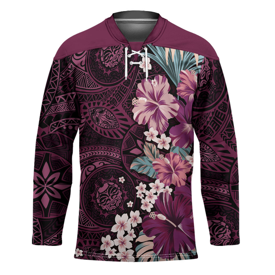 Poni Mama Hawai'i Hibiscus Hockey Jersey Polynesian Tribal Tattoo Pattern Floral Elements