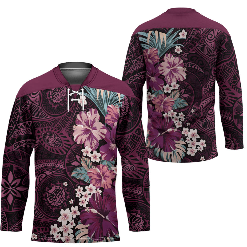 Poni Mama Hawai'i Hibiscus Hockey Jersey Polynesian Tribal Tattoo Pattern Floral Elements