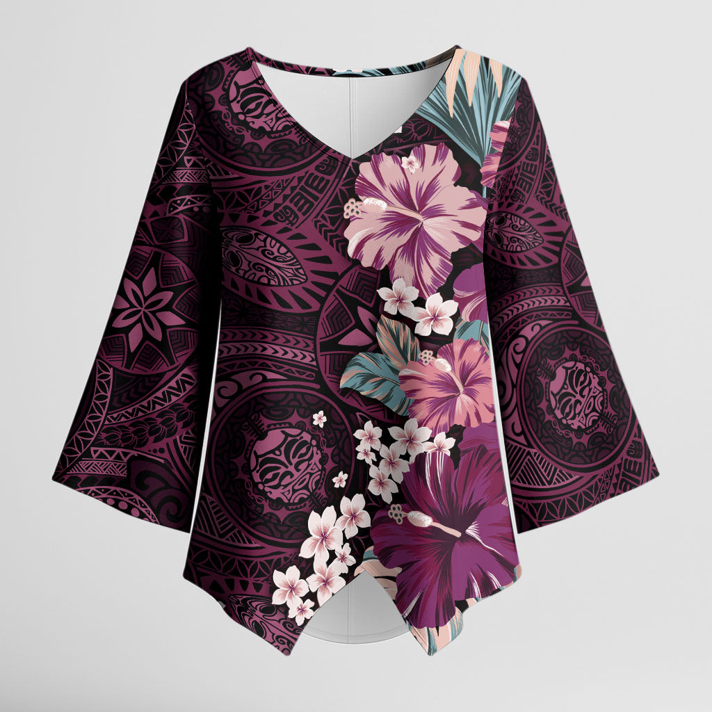 Poni Mama Hawai'i Hibiscus Kimono Sleeve Blouse Polynesian Tribal Tattoo Pattern Floral Elements