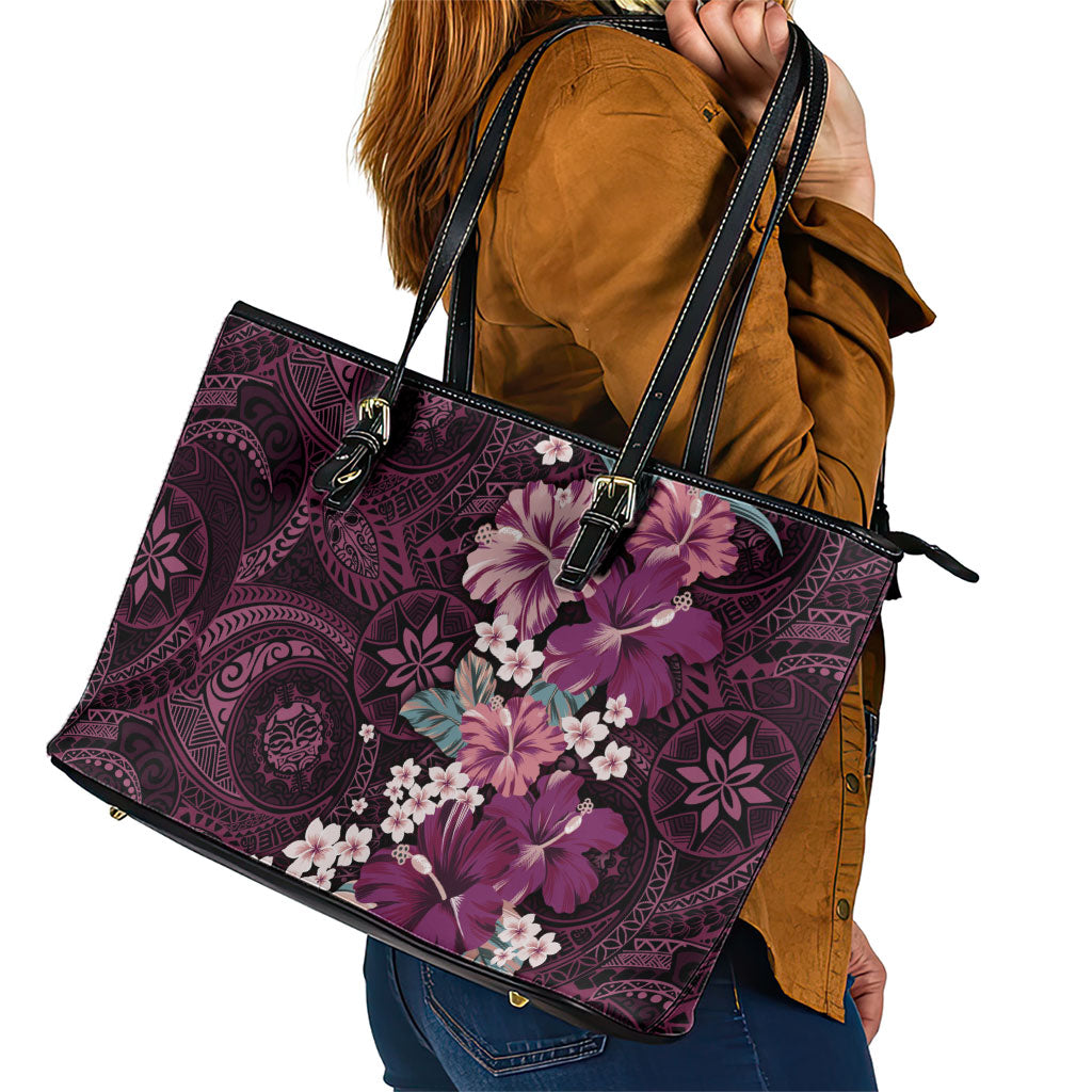 Poni Mama Hawai'i Hibiscus Leather Tote Bag Polynesian Tribal Tattoo Pattern Floral Elements