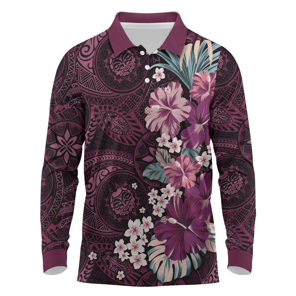 Poni Mama Hawai'i Hibiscus Long Sleeve Polo Shirt Polynesian Tribal Tattoo Pattern Floral Elements