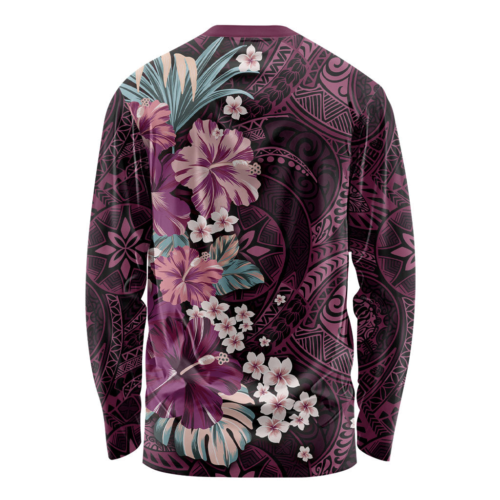 Poni Mama Hawai'i Hibiscus Long Sleeve Shirt Polynesian Tribal Tattoo Pattern Floral Elements