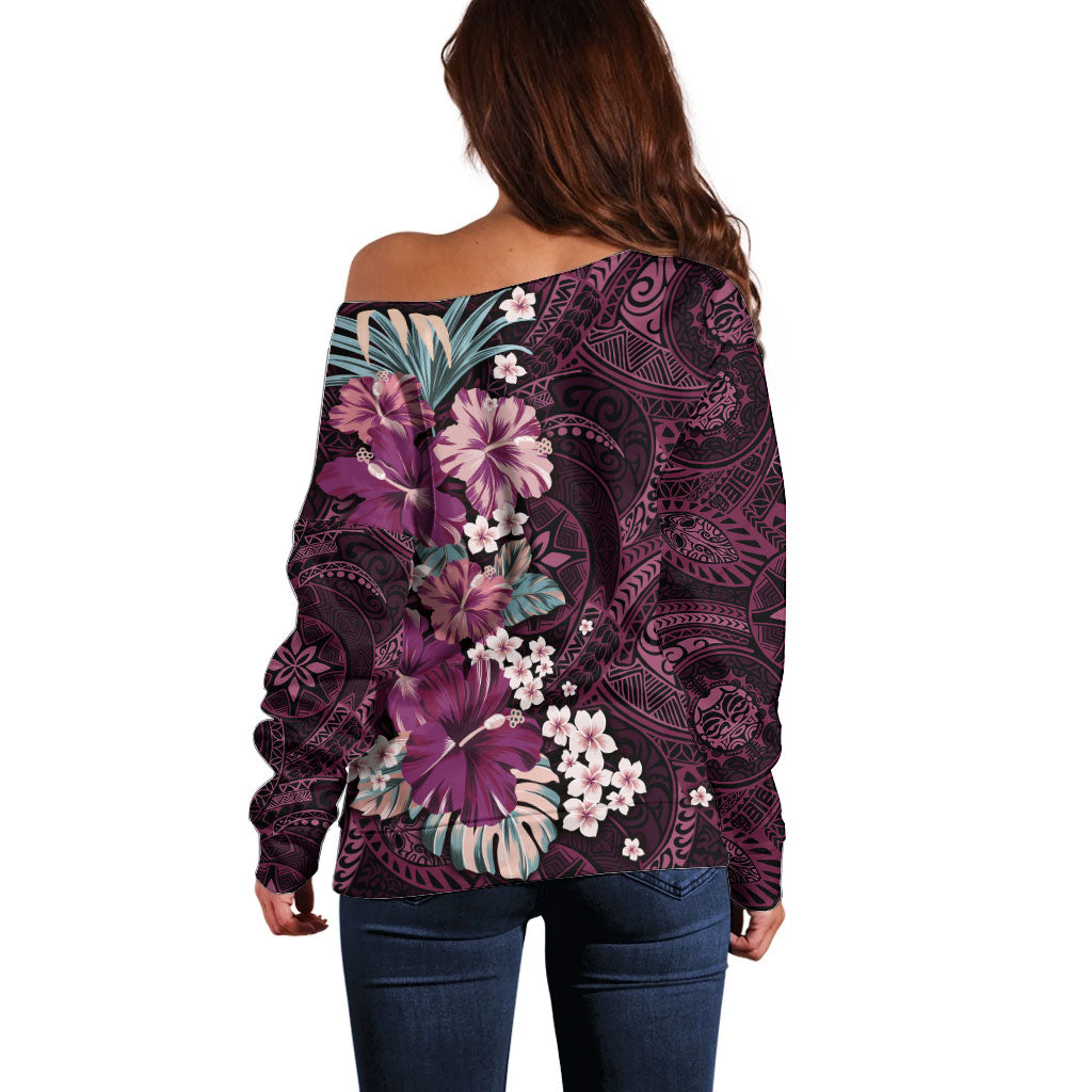 Poni Mama Hawai'i Hibiscus Off Shoulder Sweater Polynesian Tribal Tattoo Pattern Floral Elements