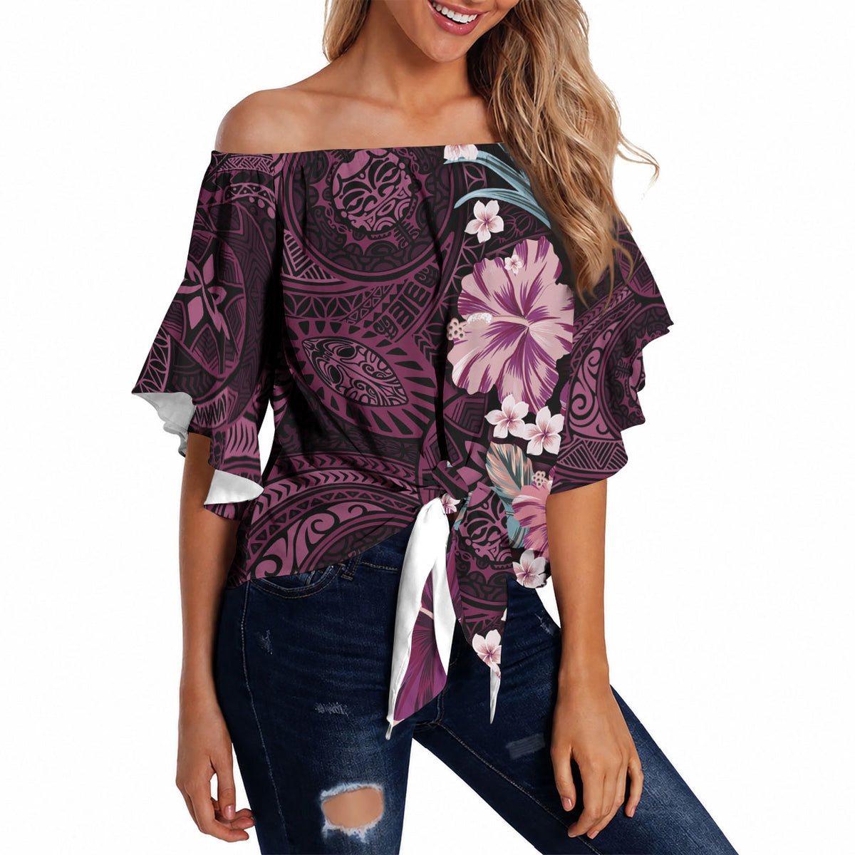 Poni Mama Hawai'i Hibiscus Off Shoulder Wrap Waist Top Polynesian Tribal Tattoo Pattern Floral Elements LT9 - Polynesian Pride