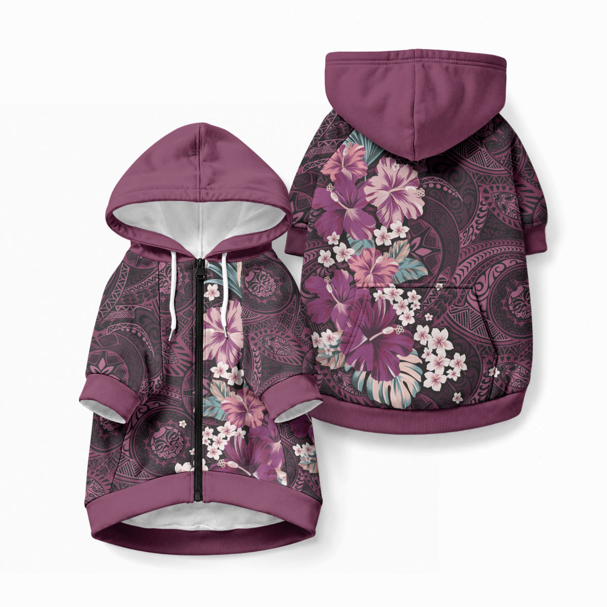 Poni Mama Hawai'i Hibiscus Pet Hoodie Polynesian Tribal Tattoo Pattern Floral Elements LT9 Zip-up Pink - Polynesian Pride