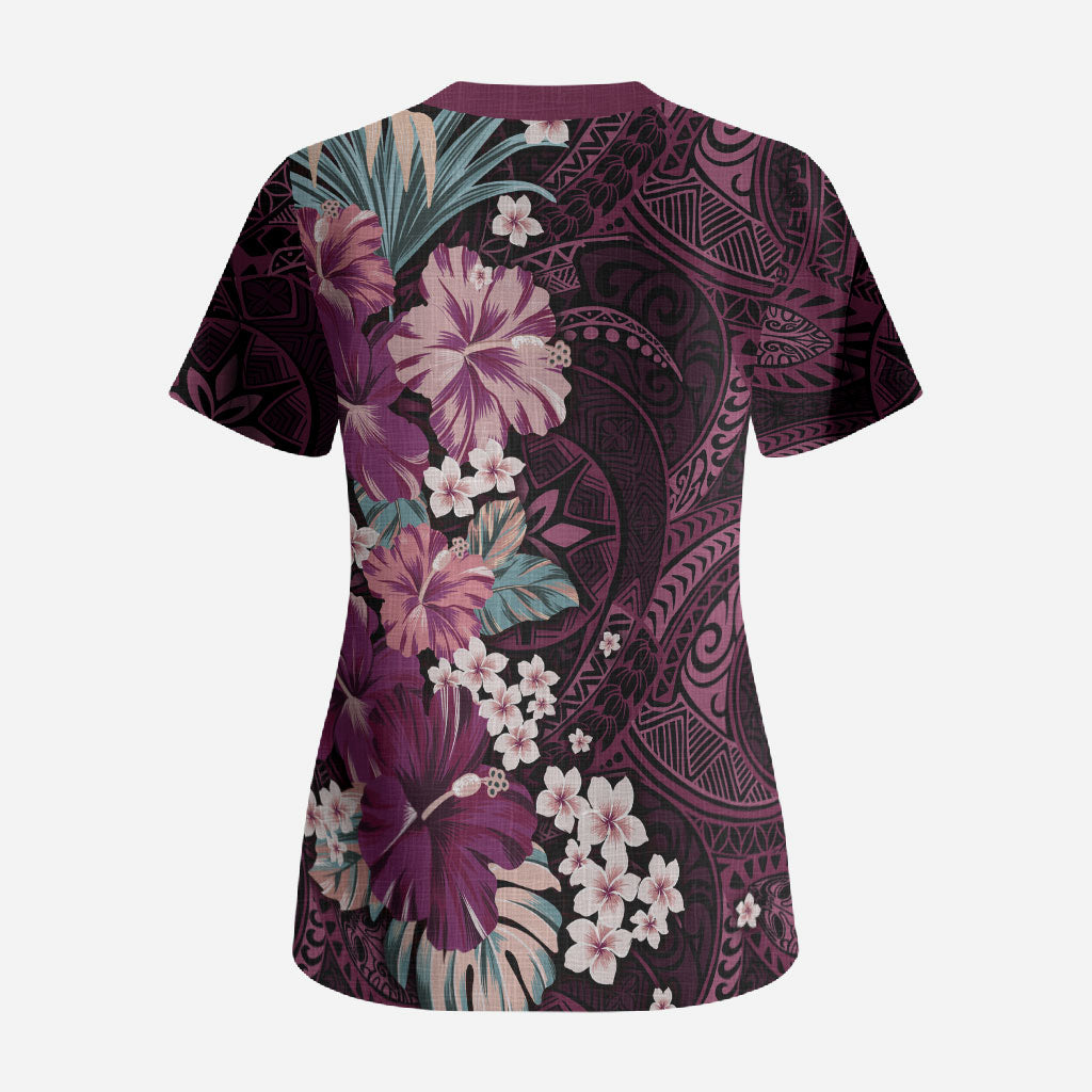 Poni Mama Hawai'i Hibiscus Scrub Top Polynesian Tribal Tattoo Pattern Floral Elements
