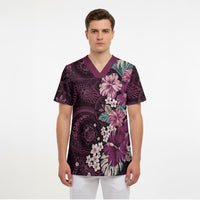 Poni Mama Hawai'i Hibiscus Scrub Top Polynesian Tribal Tattoo Pattern Floral Elements