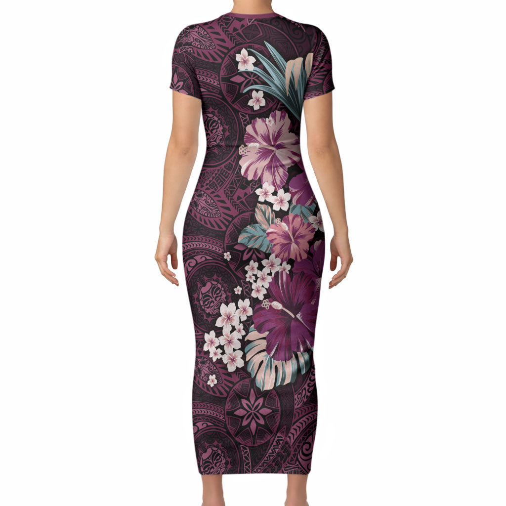 Poni Mama Hawai'i Hibiscus Short Sleeve Bodycon Dress Polynesian Tribal Tattoo Pattern Floral Elements