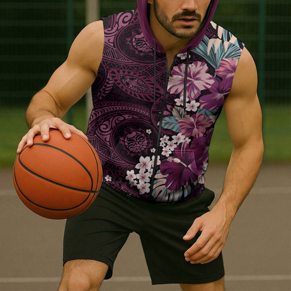 Poni Mama Hawai'i Hibiscus Sleeveless Zip Hoodie Polynesian Tribal Tattoo Pattern Floral Elements