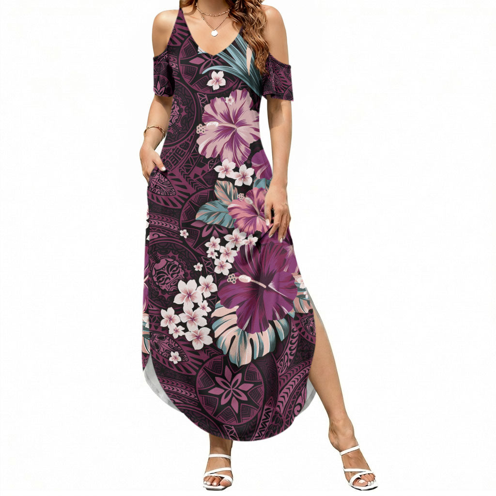 Poni Mama Hawai'i Hibiscus Summer Maxi Dress Polynesian Tribal Tattoo Pattern Floral Elements