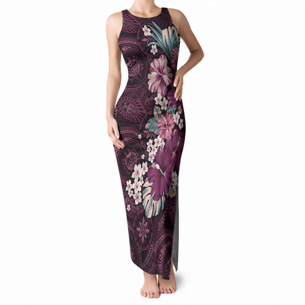Poni Mama Hawai'i Hibiscus Tank Maxi Dress Polynesian Tribal Tattoo Pattern Floral Elements