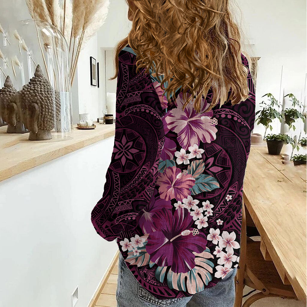 Poni Mama Hawai'i Hibiscus Women Casual Shirt Polynesian Tribal Tattoo Pattern Floral Elements