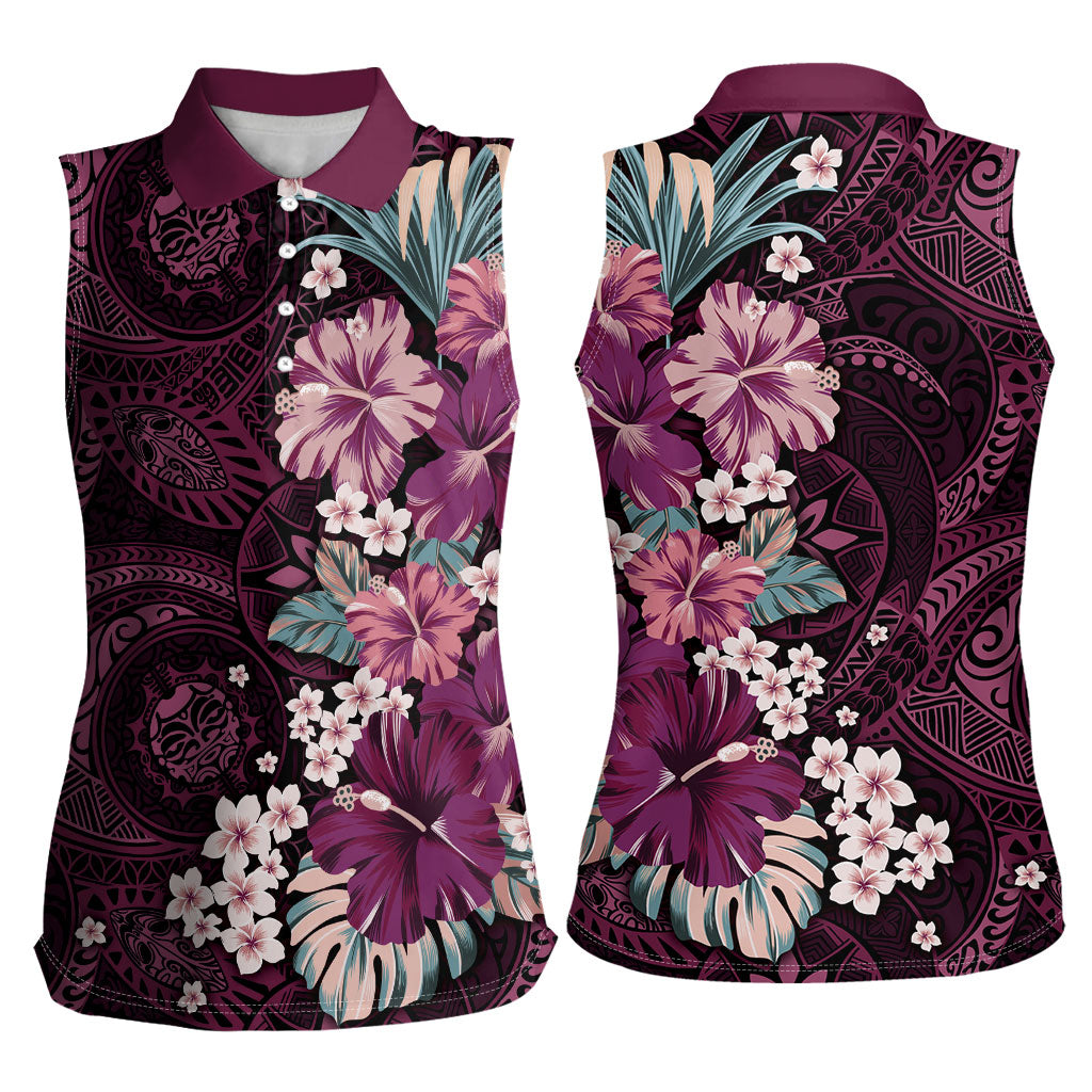 Poni Mama Hawai'i Hibiscus Women Sleeveless Polo Shirt Polynesian Tribal Tattoo Pattern Floral Elements