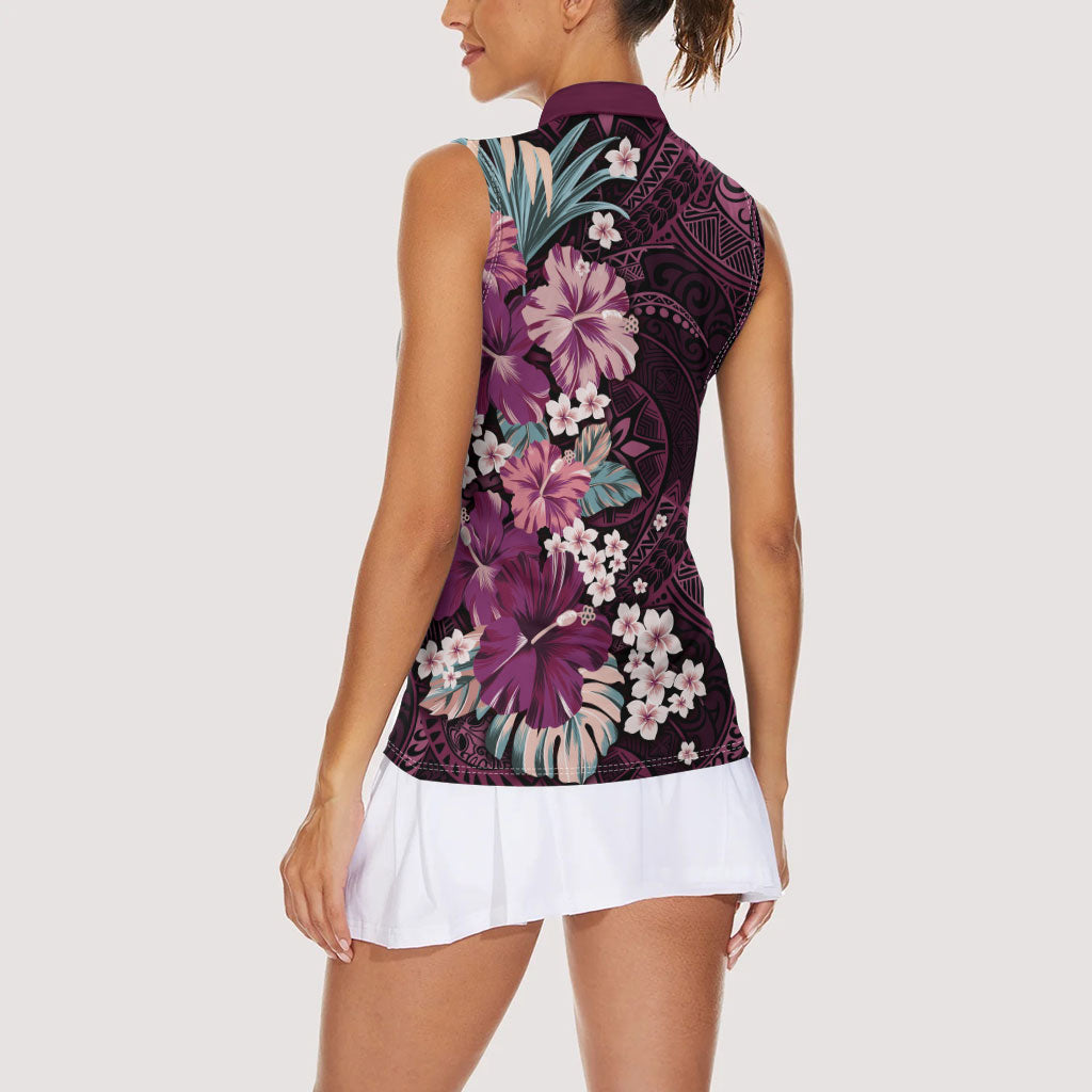 Poni Mama Hawai'i Hibiscus Women Sleeveless Polo Shirt Polynesian Tribal Tattoo Pattern Floral Elements