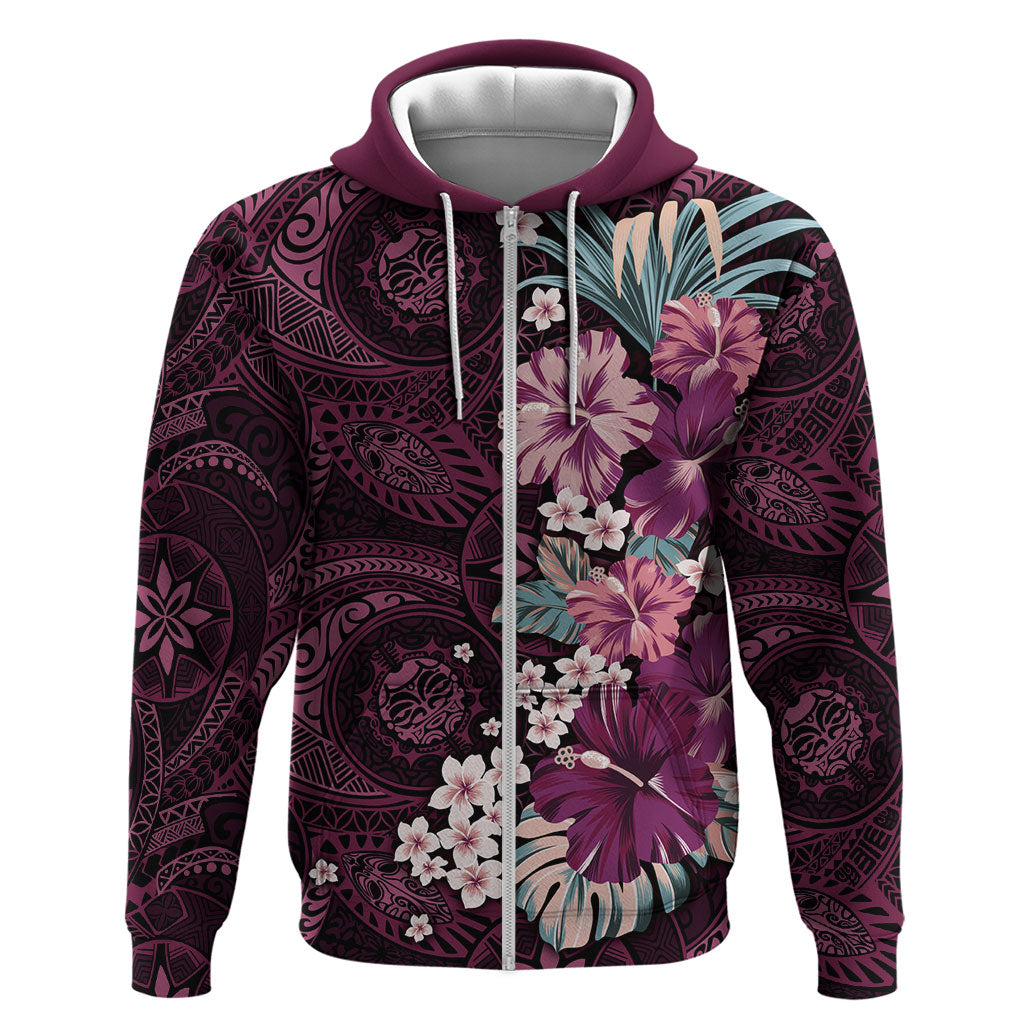 Poni Mama Hawai'i Hibiscus Zip Hoodie Polynesian Tribal Tattoo Pattern Floral Elements