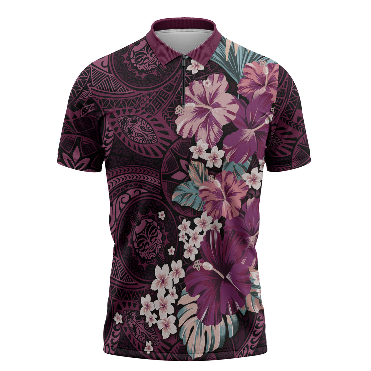 Poni Mama Hawai'i Hibiscus Zipper Polo Shirt Polynesian Tribal Tattoo Pattern Floral Elements