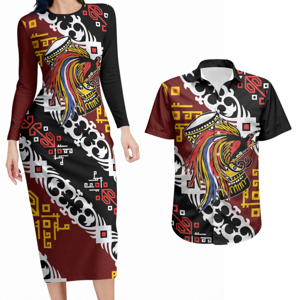 Personalised Papua New Guinea Bird Drum Couples Matching Long Sleeve Bodycon Dress and Hawaiian Shirt Papuan Batik Motif