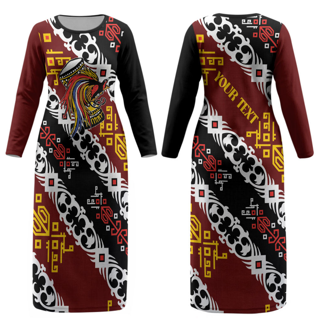 Personalised Papua New Guinea Bird Drum Couples Matching Long Sleeve Bodycon Dress and Hawaiian Shirt Papuan Batik Motif
