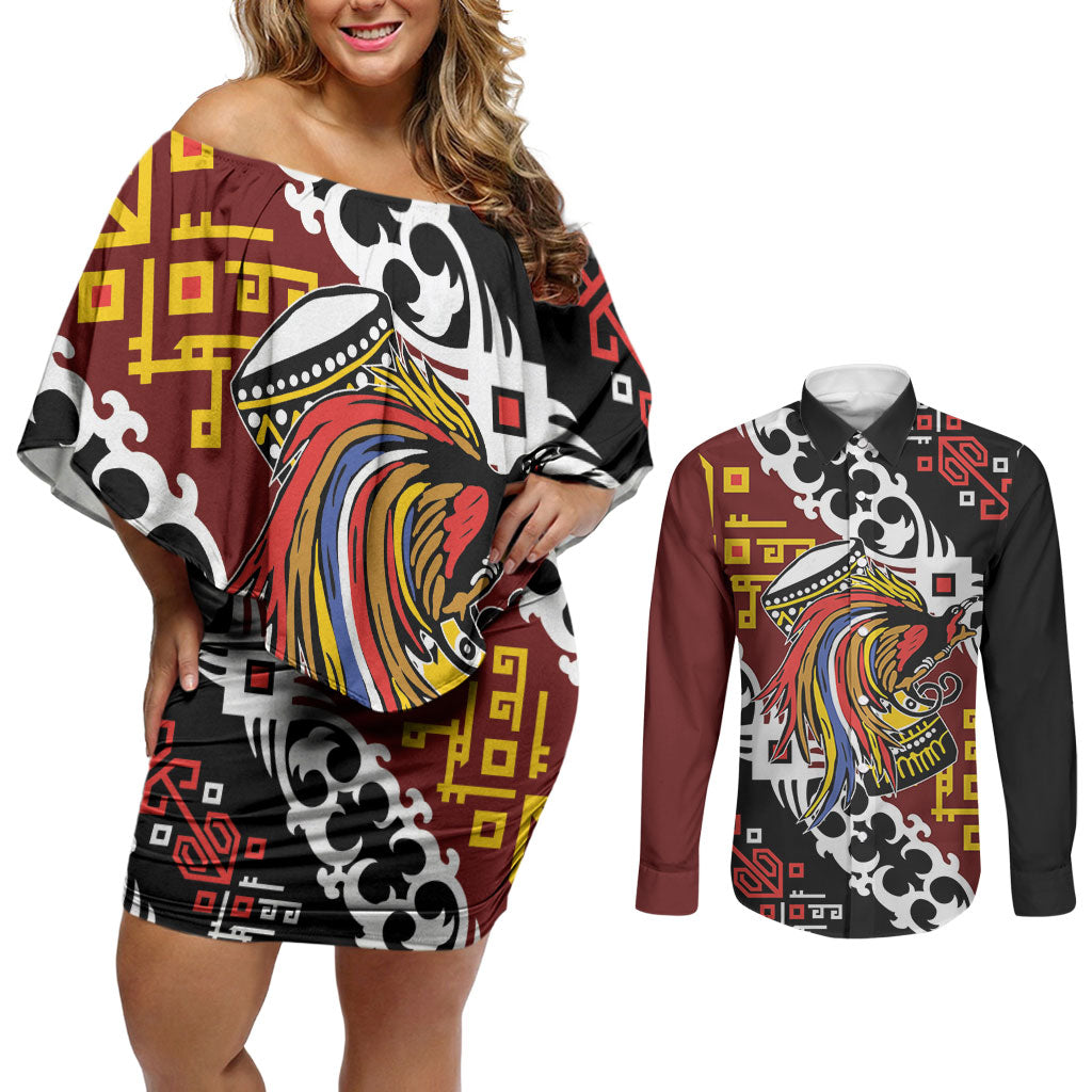 Personalised Papua New Guinea Bird Drum Couples Matching Off Shoulder Short Dress and Long Sleeve Button Shirt Papuan Batik Motif