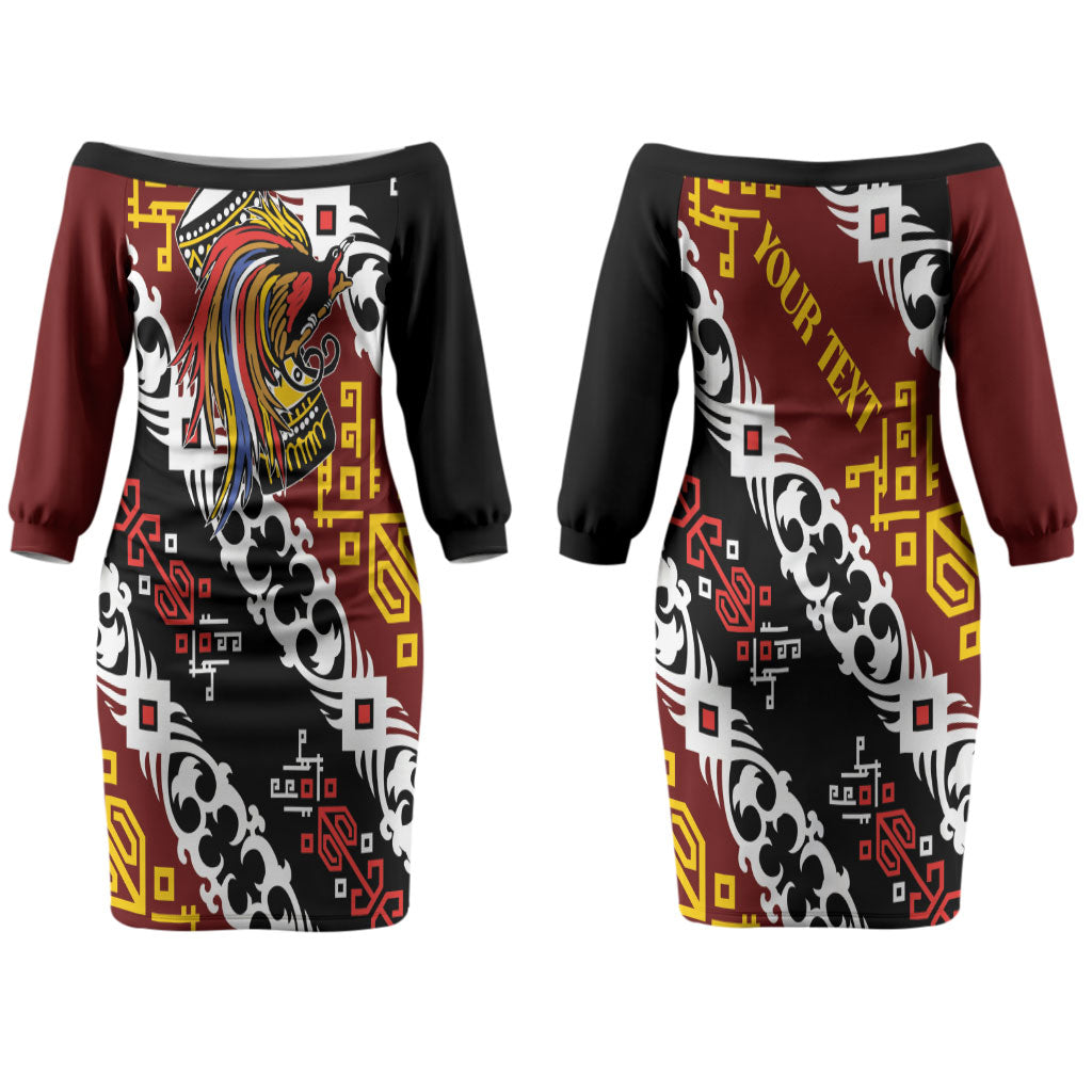 Personalised Papua New Guinea Bird Drum Couples Matching Off The Shoulder Long Sleeve Dress and Long Sleeve Button Shirt Papuan Batik Motif