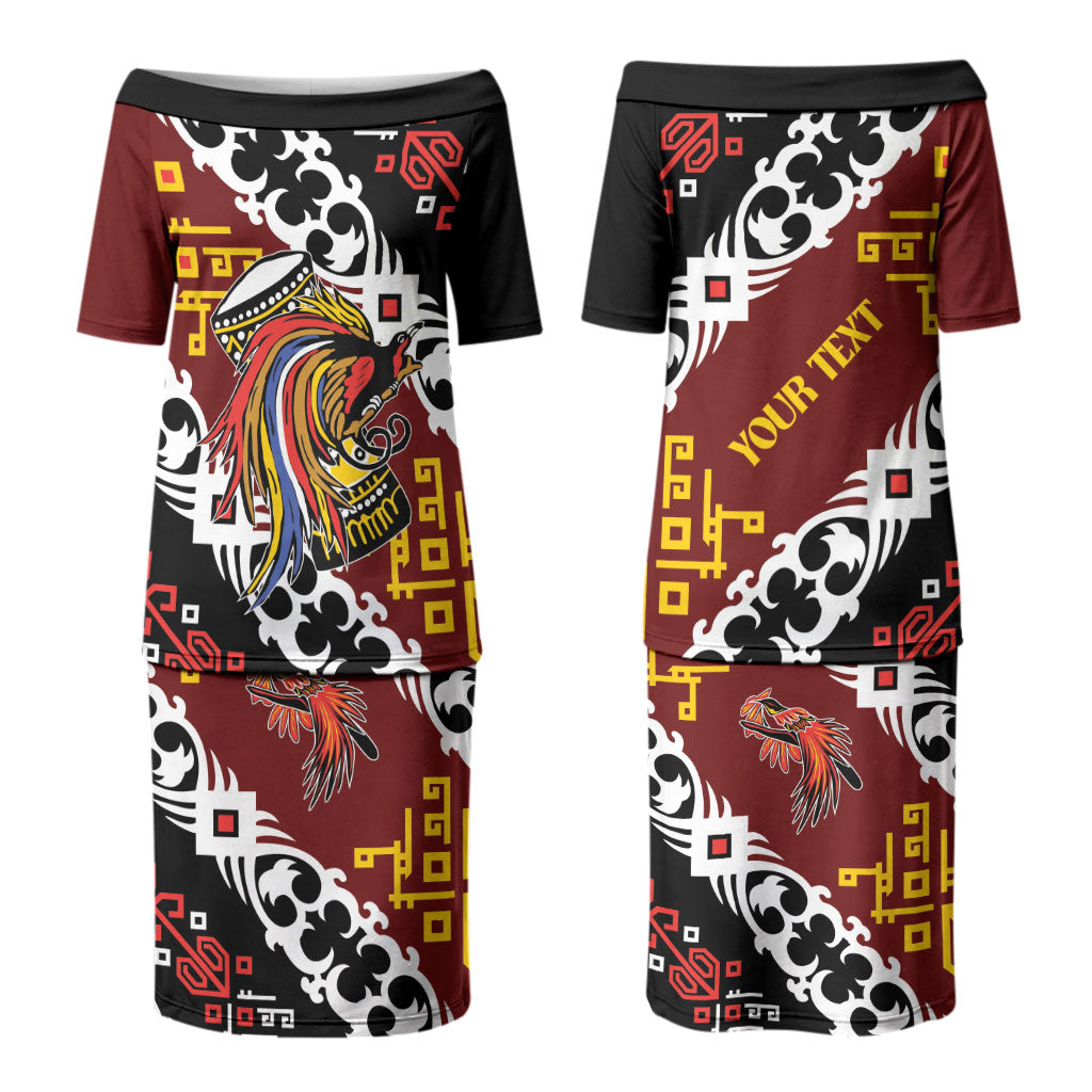 Personalised Papua New Guinea Bird Drum Couples Matching Puletasi and Long Sleeve Button Shirt Papuan Batik Motif