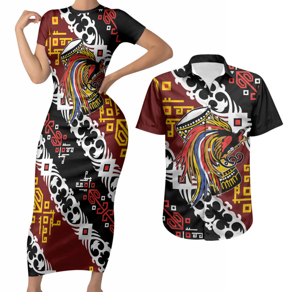 Personalised Papua New Guinea Bird Drum Couples Matching Short Sleeve Bodycon Dress and Hawaiian Shirt Papuan Batik Motif