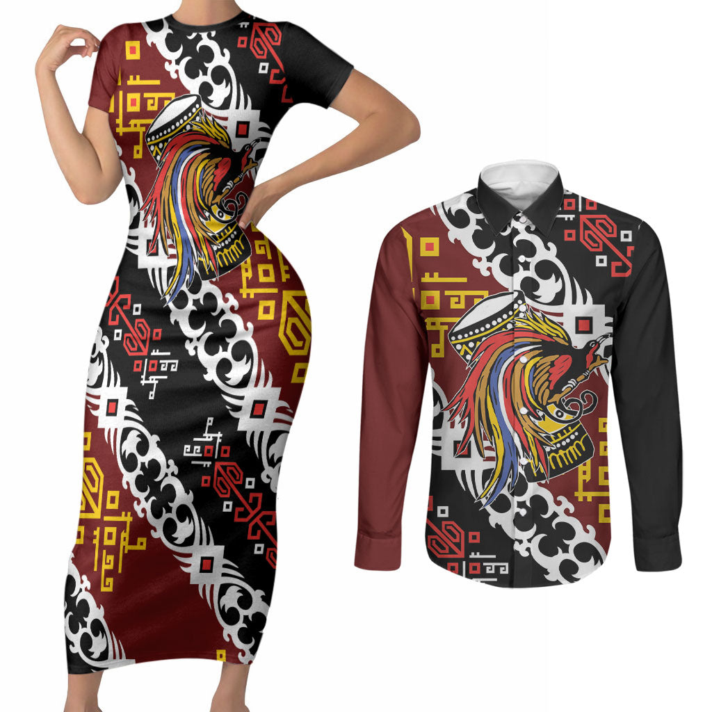 Personalised Papua New Guinea Bird Drum Couples Matching Short Sleeve Bodycon Dress and Long Sleeve Button Shirt Papuan Batik Motif