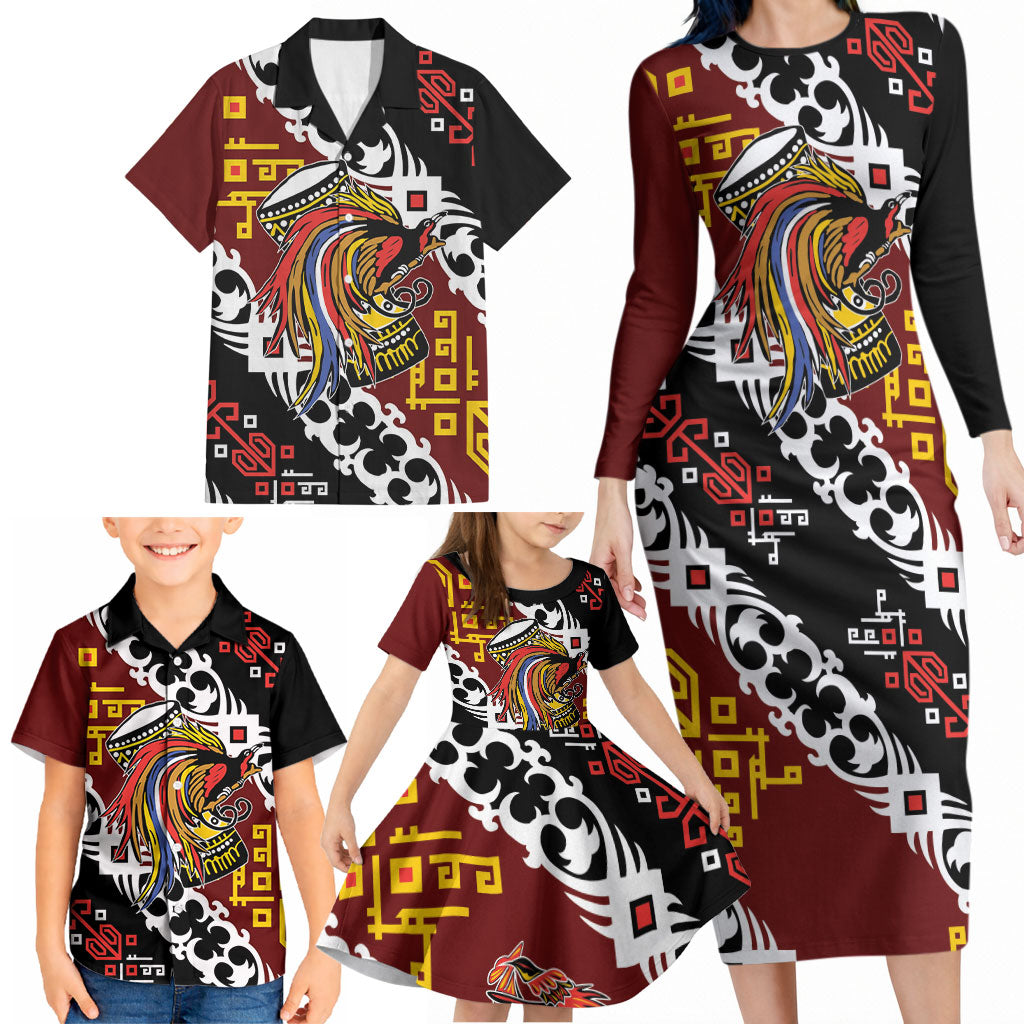 Personalised Papua New Guinea Bird Drum Family Matching Long Sleeve Bodycon Dress and Hawaiian Shirt Papuan Batik Motif