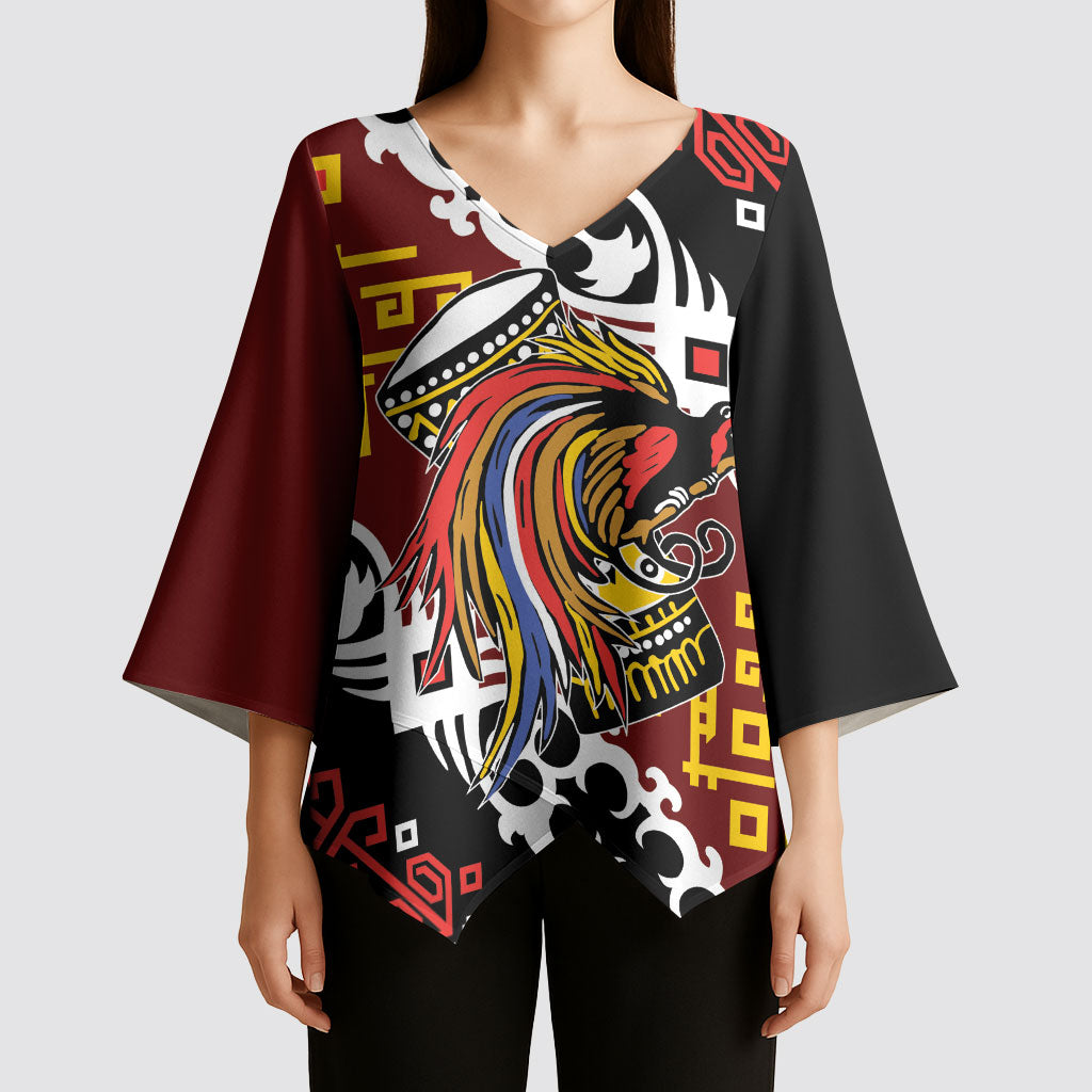 Personalised Papua New Guinea Bird Drum Kimono Sleeve Blouse Papuan Batik Motif