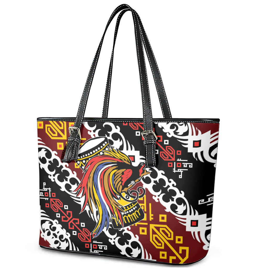 Papua New Guinea Bird Drum Leather Tote Bag Papuan Batik Motif