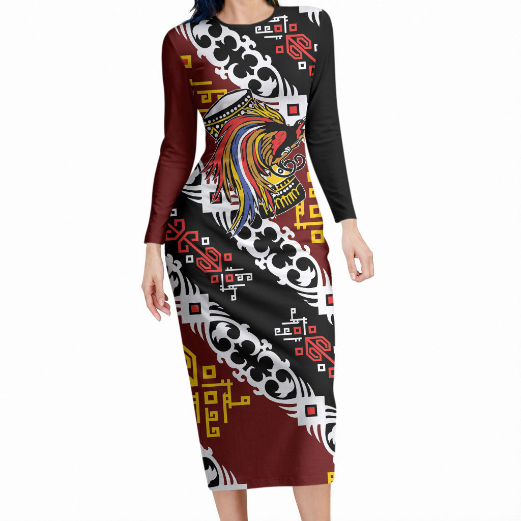 Personalised Papua New Guinea Bird Drum Long Sleeve Bodycon Dress Papuan Batik Motif
