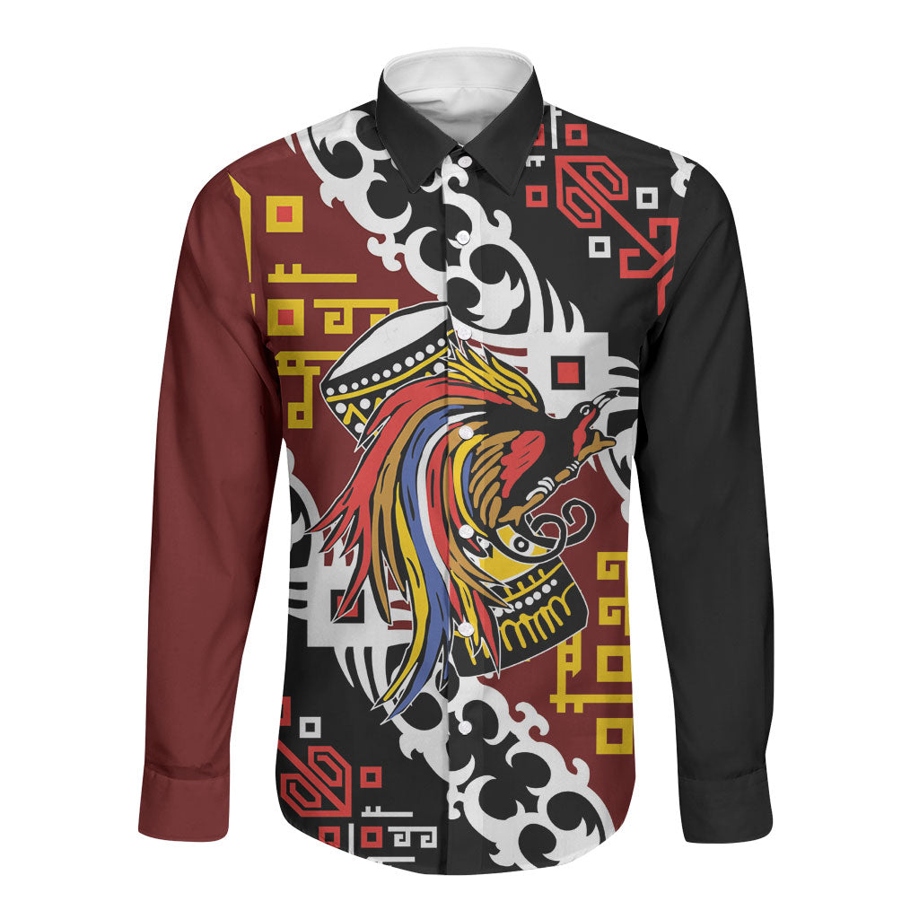 Personalised Papua New Guinea Bird Drum Long Sleeve Button Shirt Papuan Batik Motif