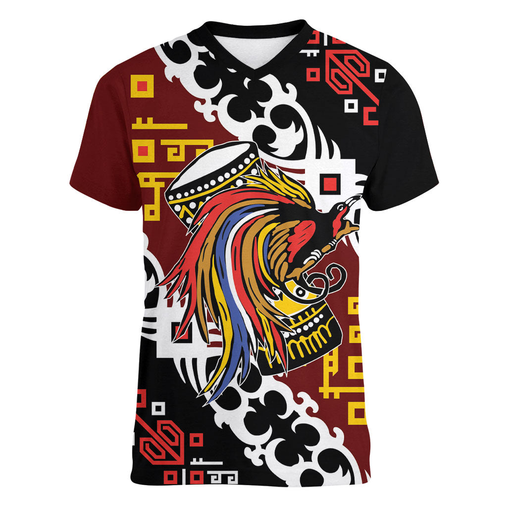 Personalised Papua New Guinea Bird Drum Women V-Neck T-Shirt Papuan Batik Motif