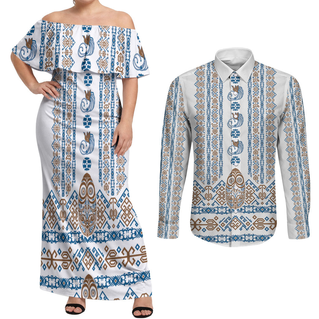 Personalised Papua New Guinea Bird Ethnic Couples Matching Off Shoulder Maxi Dress and Long Sleeve Button Shirt Papuan Batik Inspired Pattern