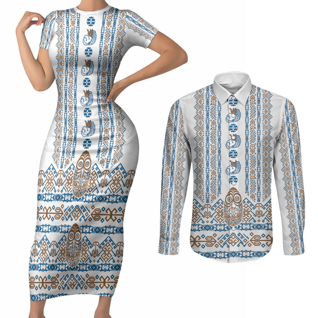 Personalised Papua New Guinea Bird Ethnic Couples Matching Short Sleeve Bodycon Dress and Long Sleeve Button Shirt Papuan Batik Inspired Pattern