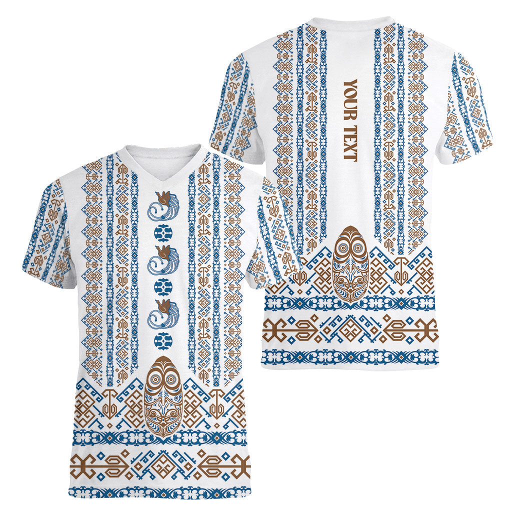 Personalised Papua New Guinea Bird Ethnic Women V-Neck T-Shirt Papuan Batik Inspired Pattern
