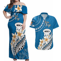 Bula Fiji Couples Matching Off Shoulder Maxi Dress and Hawaiian Shirt Kava Bowl Tapa Tribal LT9 Blue - Polynesian Pride