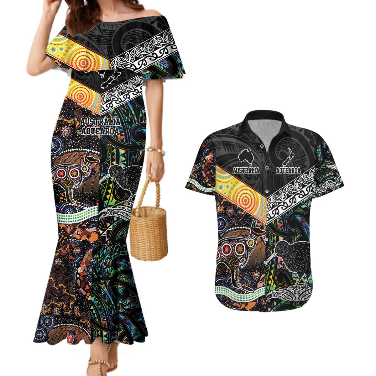 Personalised New Zealand and Australia Couples Matching Mermaid Dress and Hawaiian Shirt Maori Mix Aboriginal Art Style LT9 Black - Polynesian Pride