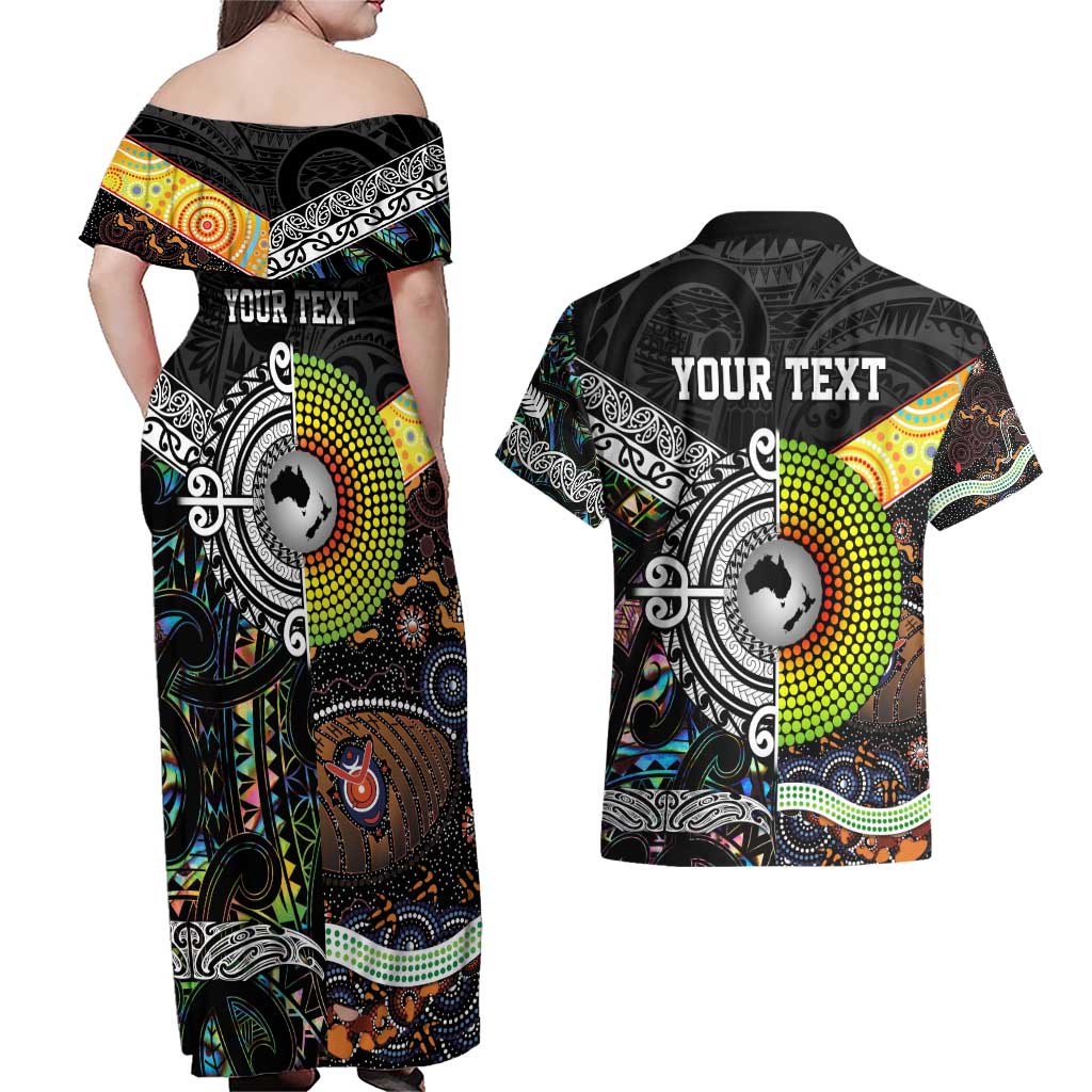 Personalised New Zealand and Australia Couples Matching Off Shoulder Maxi Dress and Hawaiian Shirt Maori Mix Aboriginal Art Style LT9 - Polynesian Pride
