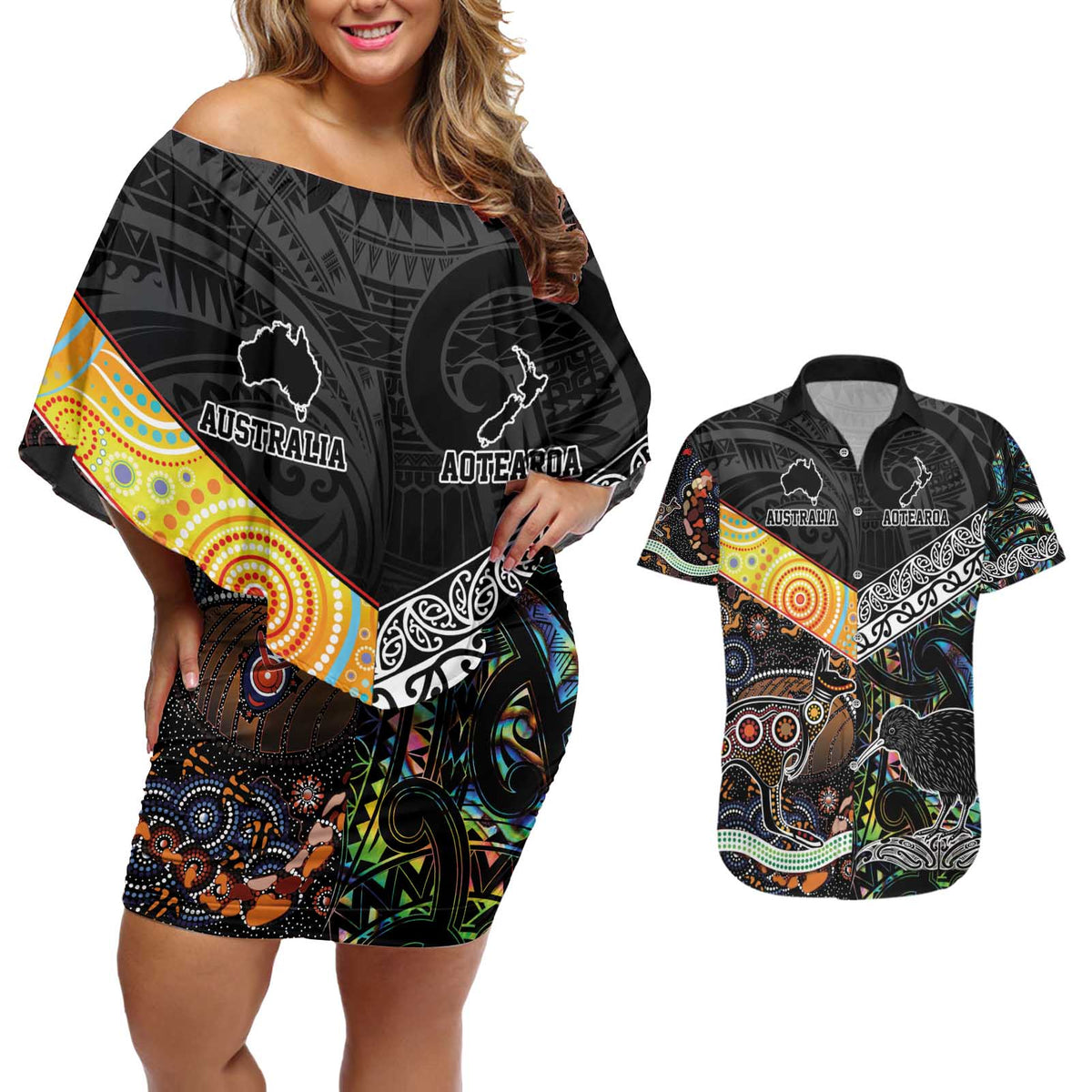 Personalised New Zealand and Australia Couples Matching Off Shoulder Short Dress and Hawaiian Shirt Maori Mix Aboriginal Art Style LT9 Black - Polynesian Pride