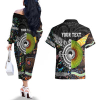 Personalised New Zealand and Australia Couples Matching Off The Shoulder Long Sleeve Dress and Hawaiian Shirt Maori Mix Aboriginal Art Style LT9 - Polynesian Pride