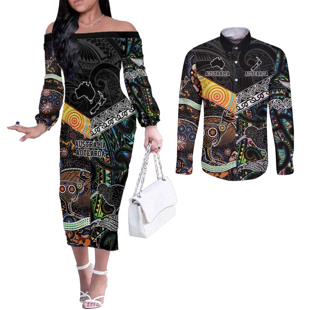 Personalised New Zealand and Australia Couples Matching Off The Shoulder Long Sleeve Dress and Long Sleeve Button Shirt Maori Mix Aboriginal Art Style LT9 Black - Polynesian Pride
