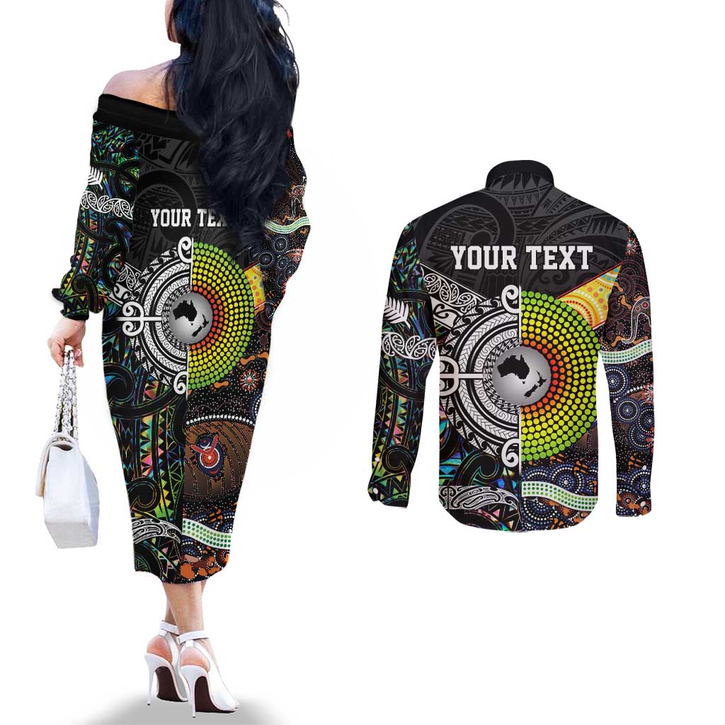 Personalised New Zealand and Australia Couples Matching Off The Shoulder Long Sleeve Dress and Long Sleeve Button Shirt Maori Mix Aboriginal Art Style LT9 - Polynesian Pride