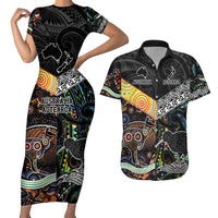 Personalised New Zealand and Australia Couples Matching Short Sleeve Bodycon Dress and Hawaiian Shirt Maori Mix Aboriginal Art Style LT9 Black - Polynesian Pride