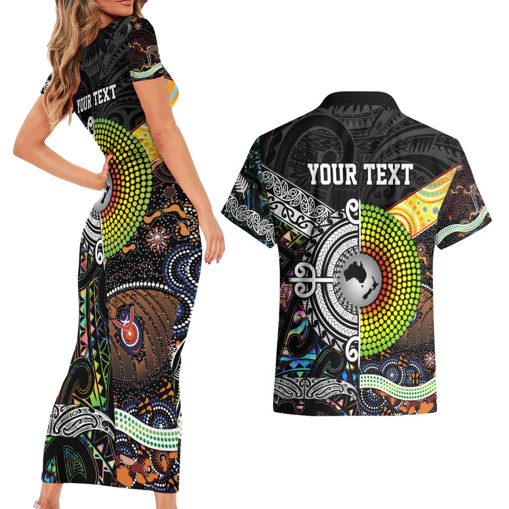 Personalised New Zealand and Australia Couples Matching Short Sleeve Bodycon Dress and Hawaiian Shirt Maori Mix Aboriginal Art Style LT9 - Polynesian Pride