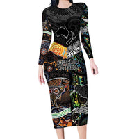 Personalised New Zealand and Australia Family Matching Long Sleeve Bodycon Dress and Hawaiian Shirt Maori Mix Aboriginal Art Style LT9 Mom's Dress Black - Polynesian Pride